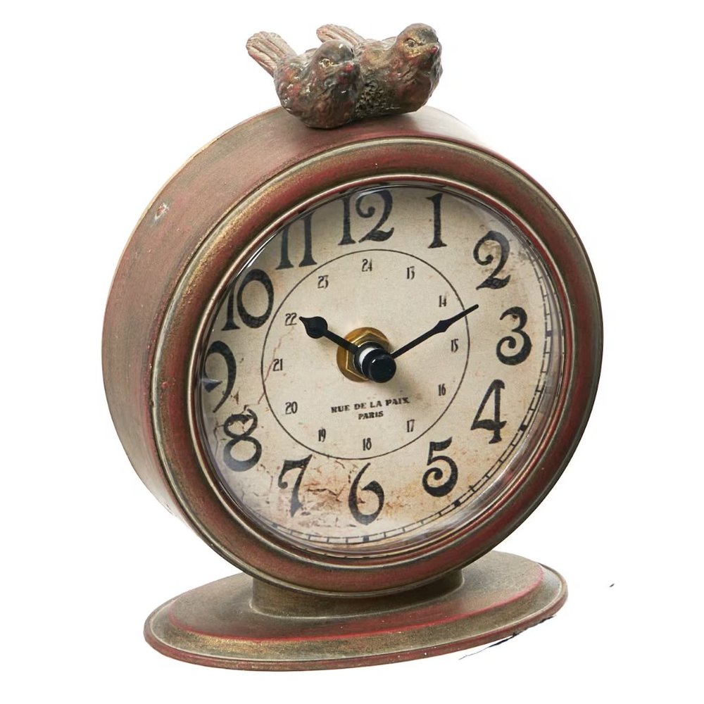 Creative Co-Op 6" Vintage Pewter Mantel Clock with Birds / NWT